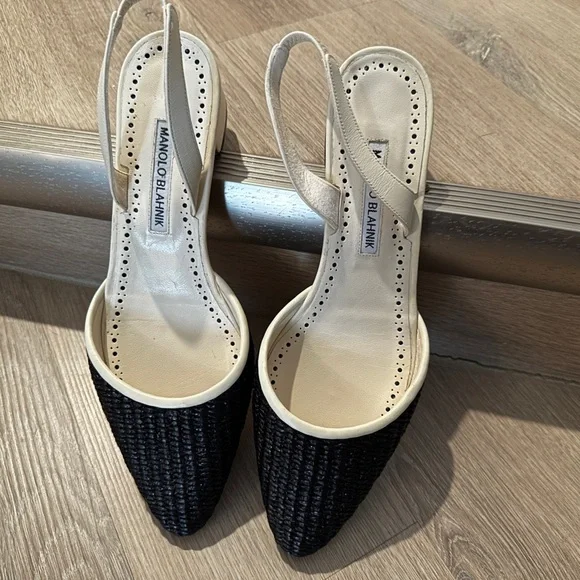 New Manolo Blahnik Raffro Woven Raffia Ballerina Pumps White/Black Size 38.5 - Picture 2 of 10